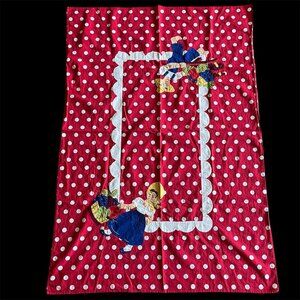 Vintage Red Polka Dot Tablecloth // Appliqued Boy & Girl Farmers Hand Stitched